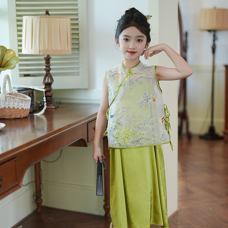 80710唐装汉服女童吊带裙套装2025新款夏季新中式国风表演服童装