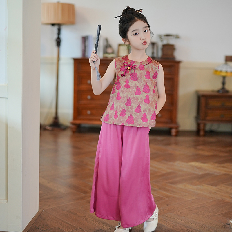53872新中式国风女童汉服2025夏季新款童装复古蝴蝶结上衣阔腿裤