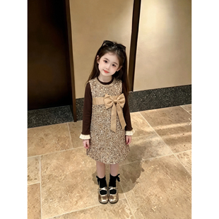 女童背心裙套装秋装2026新款儿童卡其亮片蝴蝶结小女孩洋气两件套