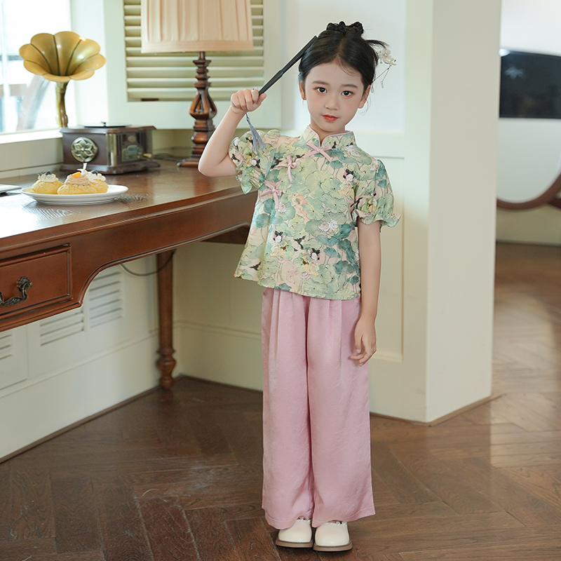 53828女童新中式国风套装短袖2025新款汉服古风周岁礼服两件套