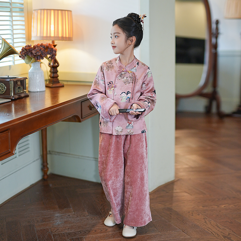 女童国风新中式套装春秋款2025新款儿童粉色阔腿裤古风中秋节古装