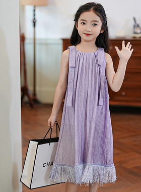 DS4001女童连衣裙2025新款夏季小众褶皱紫色背心裙中长款仙女裙子