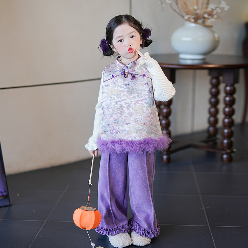 女童汉服新中式国风马甲盘扣旗袍上衣冬装2025新款女宝宝拜年服