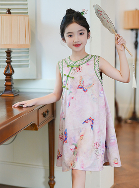 53880国风女童改良旗袍裙夏季新中式汉服唐装儿童无袖蝴蝶连衣裙