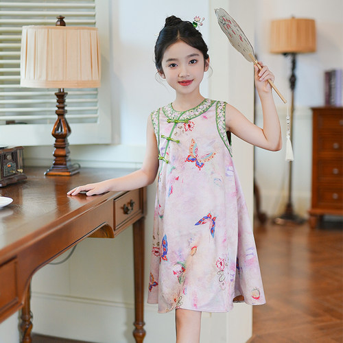 53880国风女童改良旗袍裙夏季新中式汉服唐装儿童无袖蝴蝶连衣裙