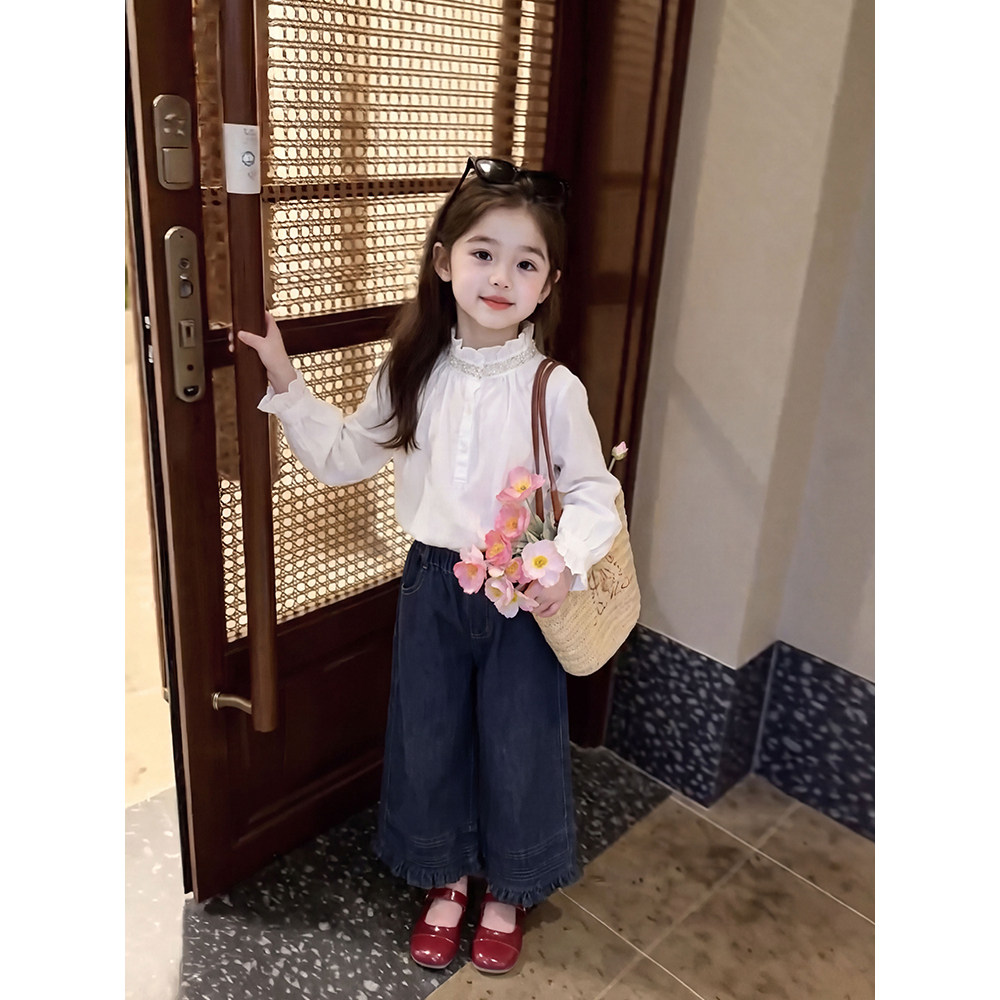 女童衬衫2026秋季新款镶钻木耳边白衬衫中大童立领长袖百搭上衣