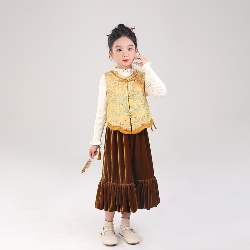 女童套装2025秋冬新款新中式汉服儿童洋气中国风马甲半身裙两件套