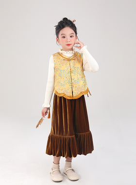 女童套装2025秋冬新款新中式汉服儿童洋气中国风马甲半身裙两件套