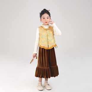 女童套装2025秋冬新款新中式汉服儿童洋气中国风马甲半身裙两件套