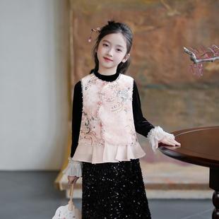 80989女童春季新中式丝绒珠片马甲汉服2026新款国风年服儿童背心