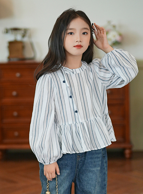53624女童衬衫法式条纹慵懒风复古上衣2025秋季新款洋气儿童衬衣