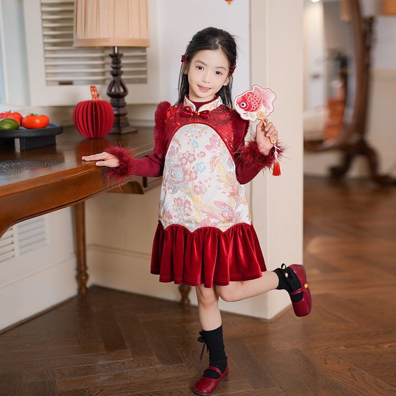 女童新中式亮片旗袍背心裙2025冬季新款儿童裙子年服国风连衣裙