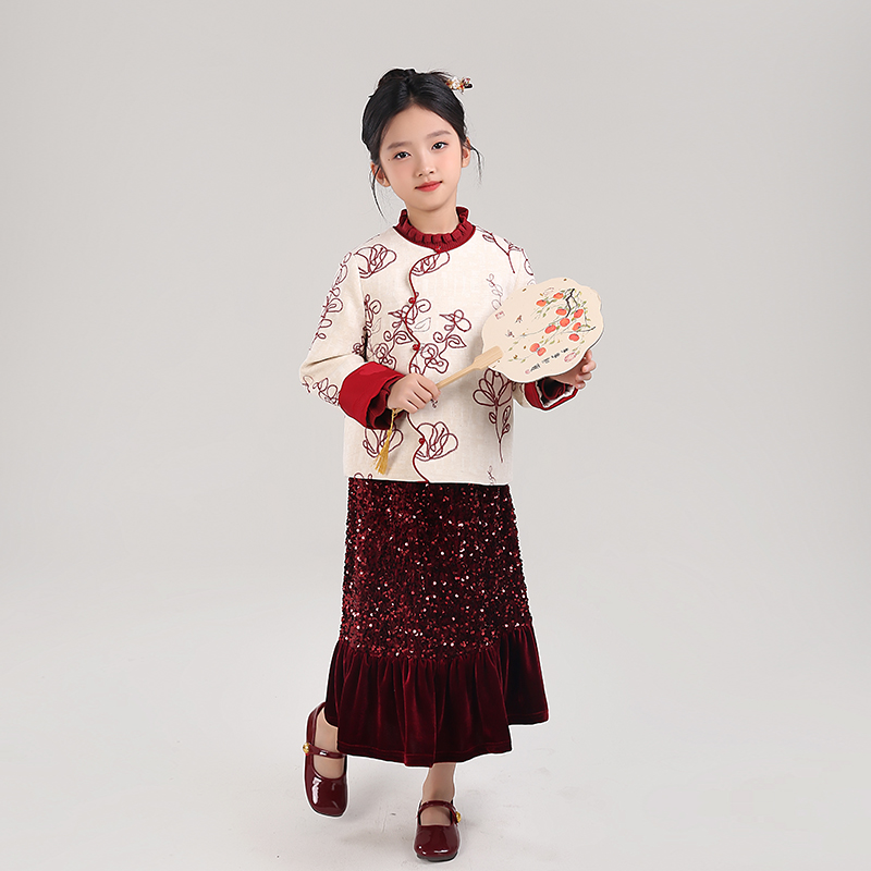 女童套装新中式国风汉服红色刺绣外套2025秋季新款唐装周岁礼服