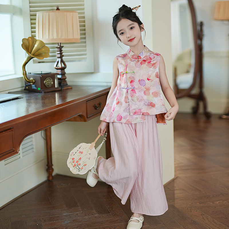 80697女童新中式国风背心唐装汉服两件套夏装儿童套装古风表演服