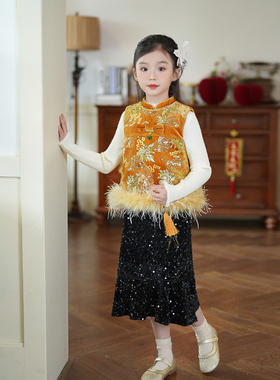 54019女童汉服国风丝绒马甲坎肩背心夹棉保暖拜年服儿童节日礼服