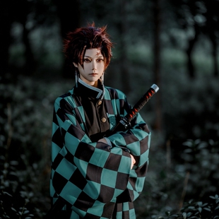 灶门炭治郎cos服鬼杀队队服炭治郎cos服炭治郎假发炭治郎日轮刀