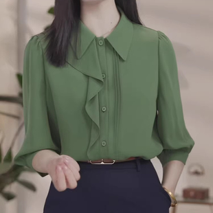 小衫 Polo领荷叶边衬衫 七分袖 女夏季 洋气宽松显瘦百搭上衣 2025新款