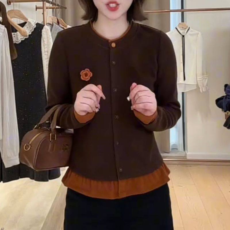 设计感撞色下摆圆领针织开衫女