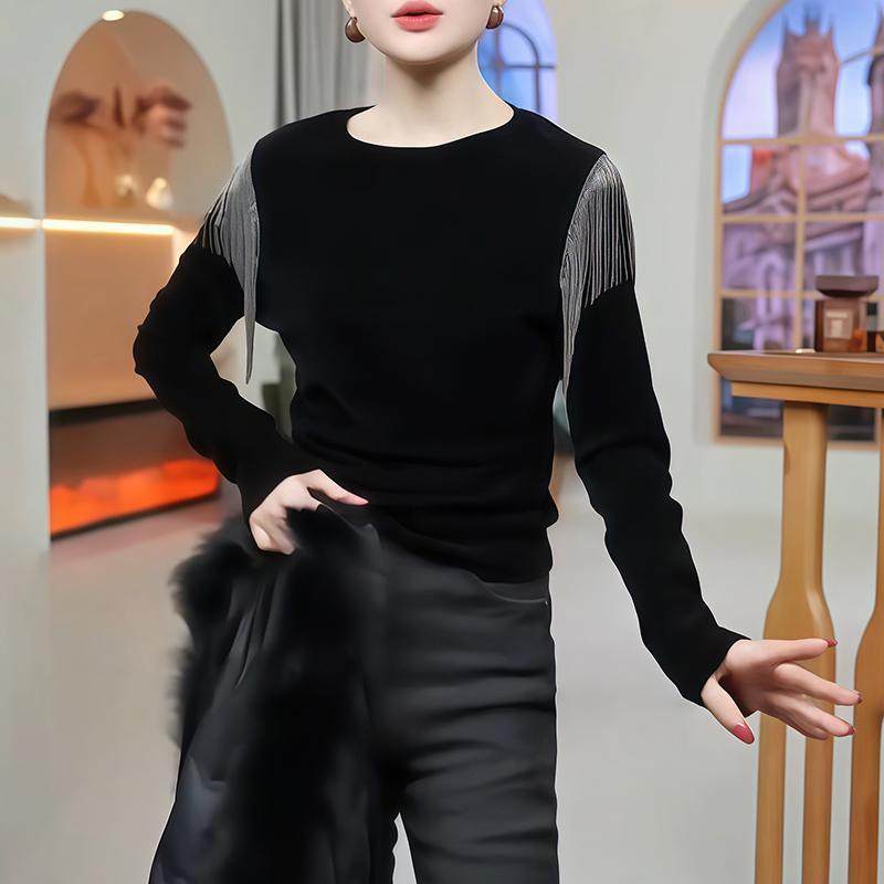 气质通勤流苏拼接长袖T恤女2025秋冬新款黑色圆领显瘦打底衫上衣