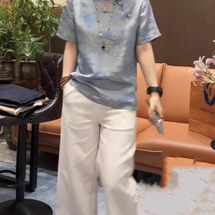 斜襟提花百搭上衣 新中式 气质中国风t恤女夏季 新款 圆领短袖