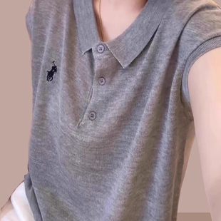休闲设计感灰色上衣女2025夏季 简约时尚 精致刺绣舒适Polo领T恤潮