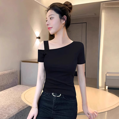黑色斜肩短袖t恤女新款夏季大码