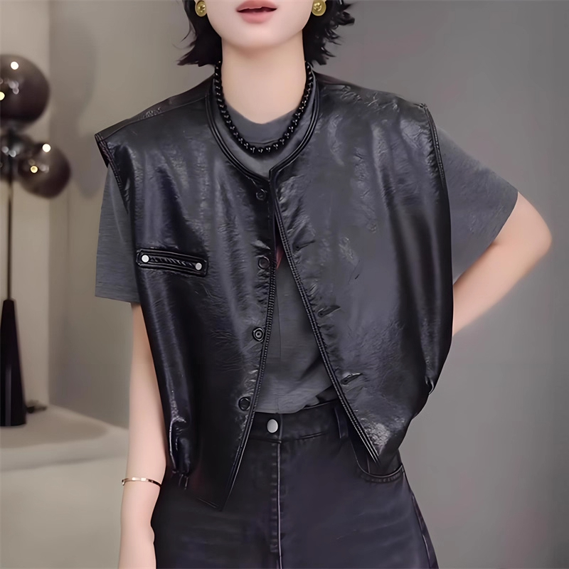 无袖皮衣外套韩系设计感
