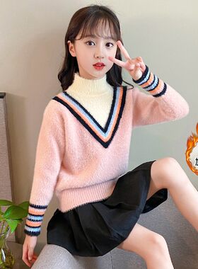 女童水貂绒加绒毛衣洋气打底衫