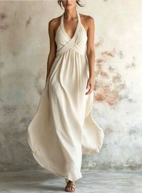 Women summer sexy halter neck dress fashion swing long skirt