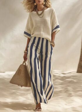 Women fashionable stripe tops leisure suit pants two piece
