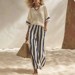 Women fashionable stripe tops leisure suit pants two piece
