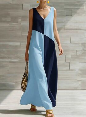 Women sexy v neck sleeveless dress colorant match long skirt