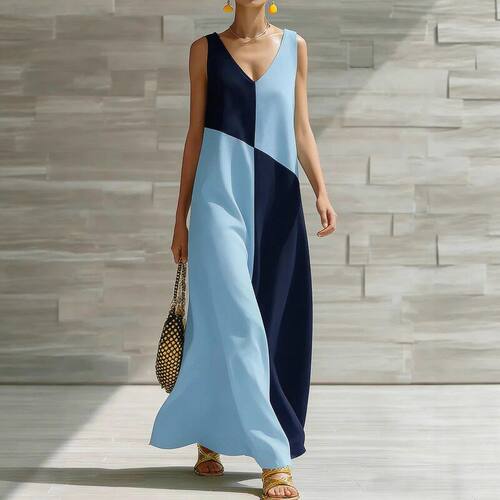Women sexy v neck sleeveless dress colorant match long skirt
