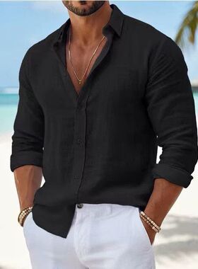 Men pure color long sleeve blouse casual shirt tops 男衬衫