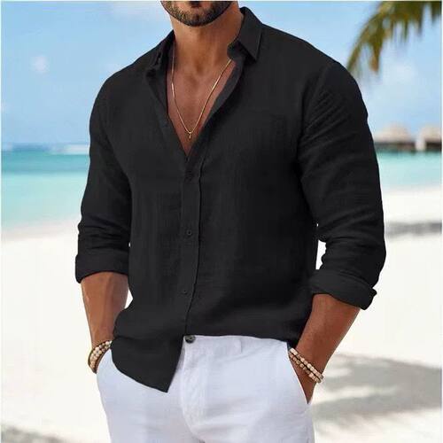 Men pure color long sleeve blouse casual shirt tops 男衬衫