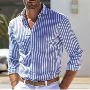 New men big size stripe long sleeve blouse casual shirt tops
