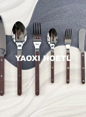【磨砂真木手感】仿胡桃木纹西餐刀叉勺中古风餐具水果叉子甜品勺
