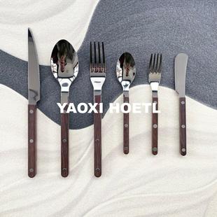 【磨砂真木手感】仿胡桃木纹西餐刀叉勺中古风餐具水果叉子甜品勺