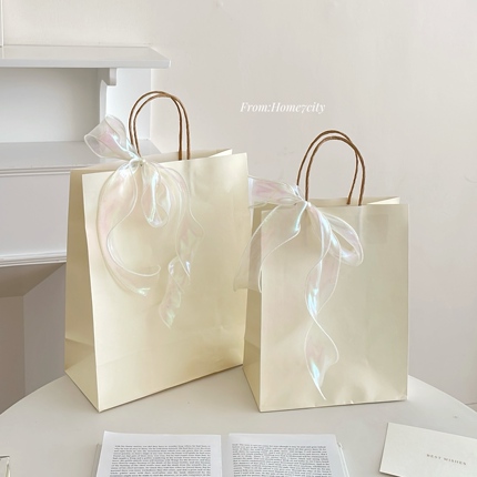 ins Cream-Colored Gift Bags with Ribbons, Kraft Paper Bags, Thickened Solid Color Dessert Bags, Packaging Bags