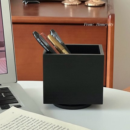 黑色高级木制笔筒收纳盒可旋转桌面多功能创意笔筒高品质遥控器盒