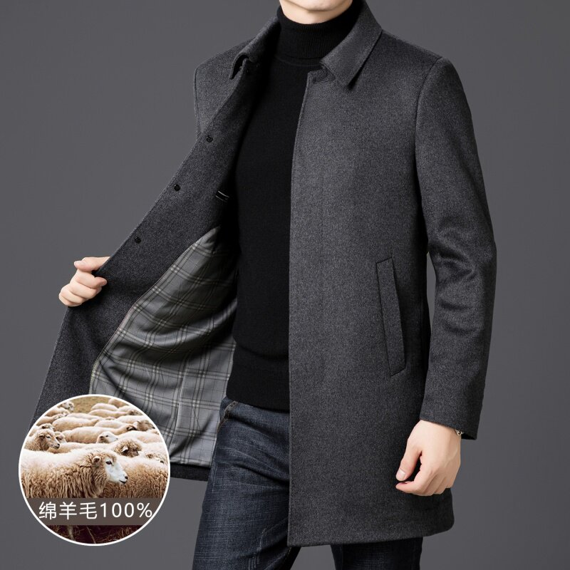 2026秋冬中长款羊毛呢大衣翻领中年男装秋冬商务轻奢加厚呢子外套