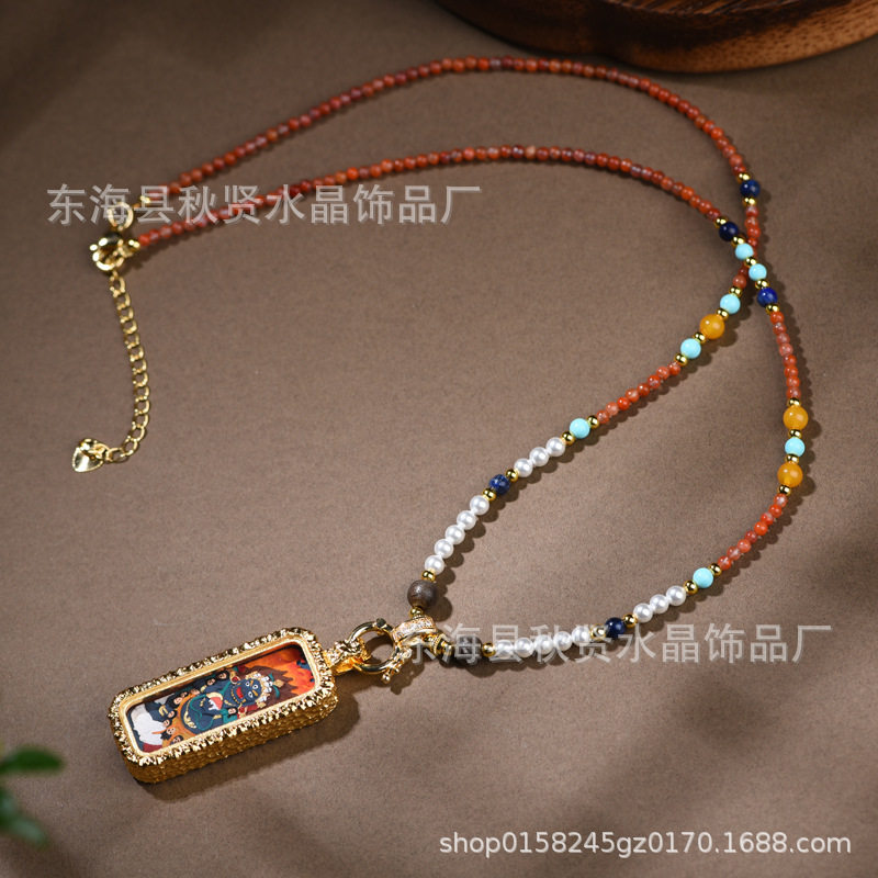 天然南红蜜蜡水晶项链中国风青金石珍珠大黑天泥塑唐卡吊坠锁骨