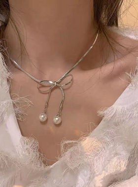 蝴蝶结锁骨链珍珠吊坠简约choker