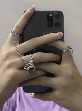 个性朋克风独角兽连体链条开口戒指酷蹦迪食指双指环暗黑系男女