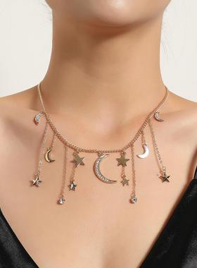 欧美跨境饰品 女士满钻月牙五角星吊坠项链 水钻流苏短款毛衣项饰