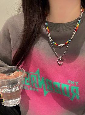 ins彩虹水晶串珠爱心锁骨链女