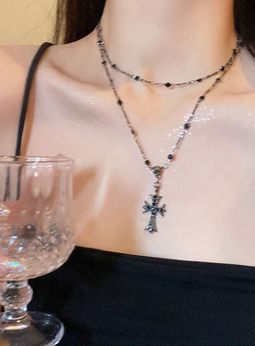 暗黑锆石十字架串珠项链女叠戴