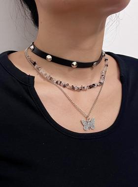 欧美跨境饰品 时尚皮绳蝴蝶项链女 多层流苏吊坠碎石蝴蝶颈链