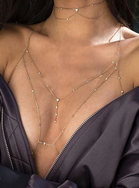 欧美时尚闪钻bikini身体链性感镶钻胸链饰品女海边拍照衣服配饰