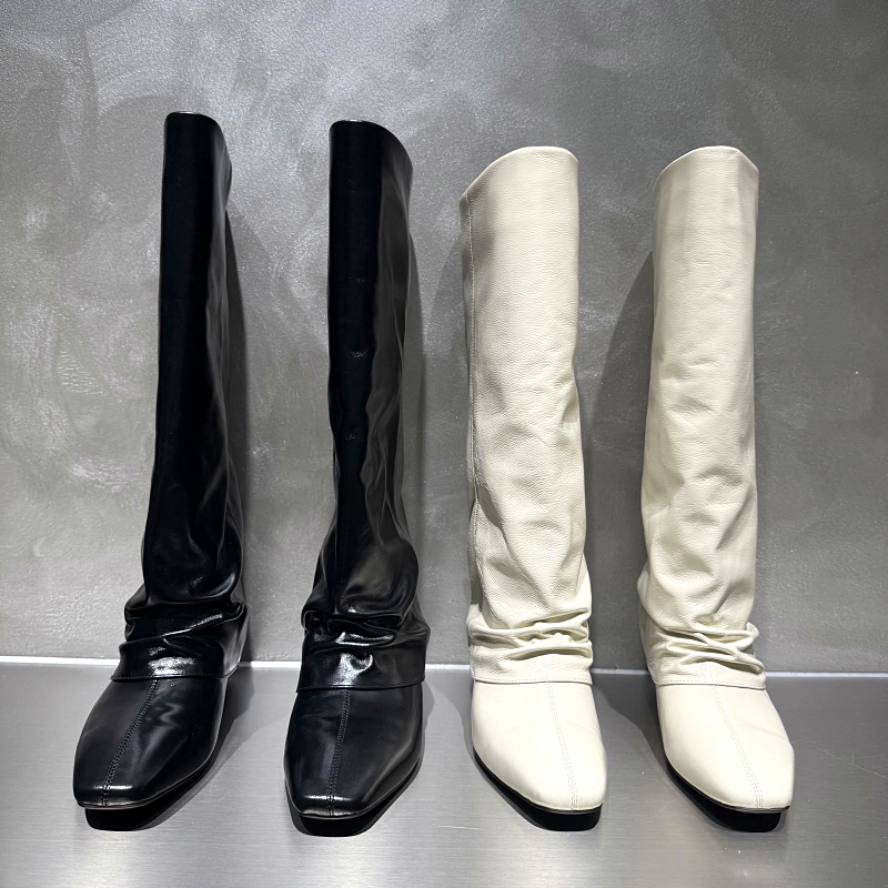 欧货真皮方头内增高时装长靴女